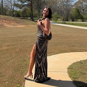 Black & Gold Sequin Evening Gown - Women's Formal Dress